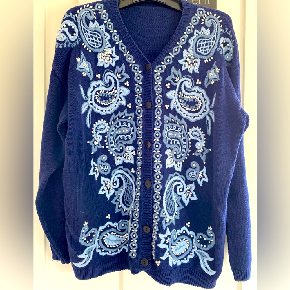 Women’s Handmade Knit Cardigan Sweater Pearls Sz L